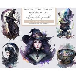 watercolor gothic witch clipart, gothic clipart, witch clipart, magic clipart, halloween clipart, fantasy clipart