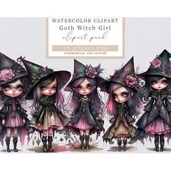 goth witch  clipart, watercolor gothic clipart, gothick clipart, goth witch girl clipart, halloween clipart