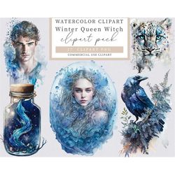 winter queen witch clipart, watercolor clipart,  witch clipart, queen clipart, winter clipart, beautiful witch clipart,