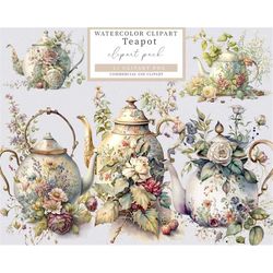 floral teapot clip art, watercolor floral teapot clip art, flowers clip art, summer clip art, vintage clip art
