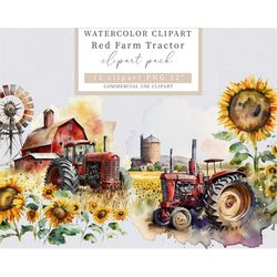 farm red tractor clipart, red tractor, sunflowers, farm clipart, tractor clipart,