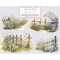 wooden fence clip art, fence clip art, floral clip art, watercolor garden fences clip art