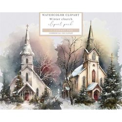 winter church clip art, church clip art, winter clip art, christmas clip art, watercolor winter clip art