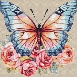 watercolor monarch butterfly and flowers counted cross stitch pdf pattern, spring flowers, hand embroidery