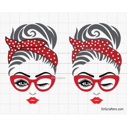 messy bun svg, messy bun bandana svg, mom with bandana and glasses svg, girl bandana svg, girl with lashes svg, momlife