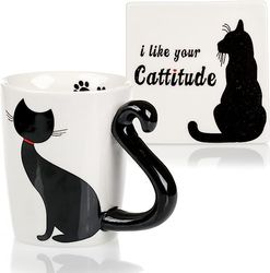 infloatables cat mug and coaster set - little black cat mug with ceramic coaster