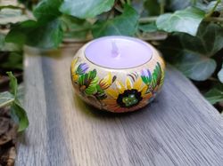 sunflower candle holder, wooden holder, hand painted sunflowers, wooden tea light holder, yellow flower candle holder, r