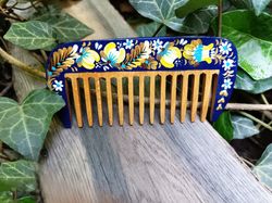 wooden comb, hand painted wood comb, floral comb, natural wooden comb, petrykivka painting, ukrainian folk art, royal bl