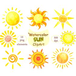 watercolor sun clipart, hand painted 10 png, digital sun clip art, yellow orange warm sun, summer, vacation, invitation