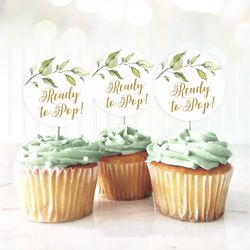 ready to pop tags greenery baby shower cupcake toppers foliage baby shower decorations, baby shower greenery stickers