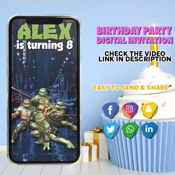 ninja turtles birthday video invitation for boy or girl, animated invite