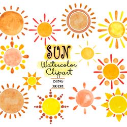 watercolor sun clipart, burnt orange, terracotta sun clip art, boho sun hand painted 10 png, summer, invitation graphics