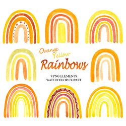 watercolor boho rainbow clipart, yellow orange rainbows png, baby shower graphics, nursery clip art, scrapbooking summer