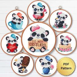 set of 8 funny cute baby panda with heart cross stitch pattern