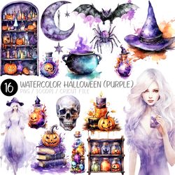 watercolor purple halloween png | white hair witch, skull, potion, moon, spider, medicine cabinet, witch hat, bat