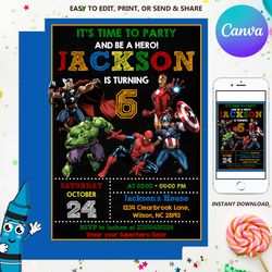 avengers invitation, avenger birthday party, printable birthday invite, superhero, superheroes, editable canva