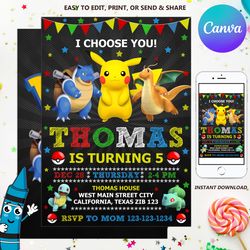 pokemon birthday invitation, pokemon birthday, pokemon digital invitation, pokemon party, pokemon go, edit yourself- ins