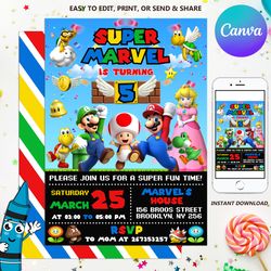 super mario invitation, super mario birthday card, super mario birthday invitation, editable super mario bros party