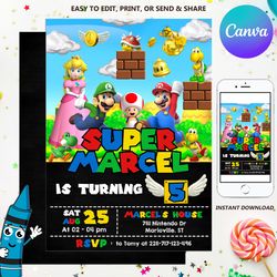 super mario brothers birthday invitation, mario birthday, super mario party, digital file or printed, download or printa