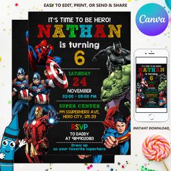 superhero birthday invitation, avengers birthday invitation, superheroes invite, instant download