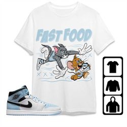 aj 1 mid ice blue unisex t-shirt, tee, sweatshirt, hoodie, fast food cat mouse, shirt to match sneaker