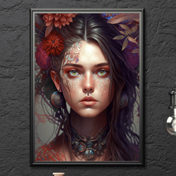 girl portrait wall art print, boho art, printable wall art, luxury and premium art