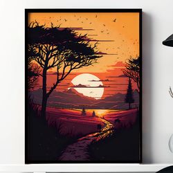 sunset landscape wall art, digital prints wall art, printable wall art digital download