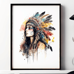 native americans watercolor painting printable wall art, minimalist wall art, digital art download