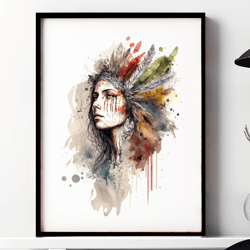 native americans watercolor painting printable wall art, minimalist wall art, digital art download