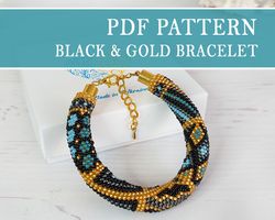 black gold geometric pdf pattern bracelet, jewelry making diy pattern, seed bead crochet patchwork bracelet pattern