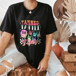 tanned tatted and tipsy t-shirt, summer smiley face sublimation design, tan and tipsy t-shirt, retro summer t-shirt, fro
