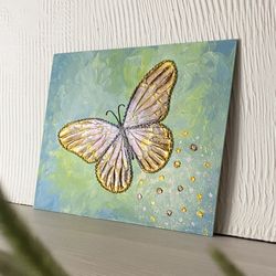 butterfly acrylic painting, green gold mixed media art