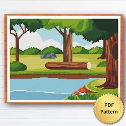 super easy forest river cross stitch pattern. nature, landscape, minimalism, mountain boho patterns for beginners