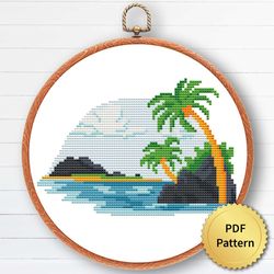 tropical island cross stitch pattern. sea ocean beach palm