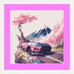japanese landscape cross stitch pattern  instant pdf download - cherry blossom tree watercolor cross stitch pattern