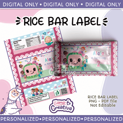 add personalization girl cocomelon rice bar labels digital printable, not editable