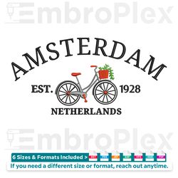 retro amsterdam logo and bike embroidery design