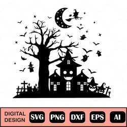 halloween svg halloween svg for kids, halloween haunted house silhouette. svg cut file and clip art