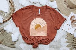 stay golden boho graphic t-shirt for women , minimalist, neutral landscape, adventure, sun , abstract mountain and sun ,