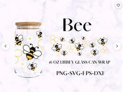 bee 16 oz libbey glass can wrap svg, daisy floral full glass wrap png, beer can glass wrap, digital download
