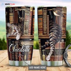 cat and books personalized stainless steel tumbler, personalized tumblers, tumbler cups