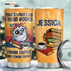 owl books retro personalized kd2 stainless steel tumbler, personalized tumblers, tumbler cups