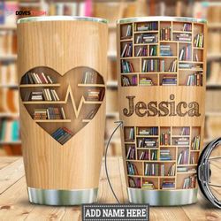 personalized book lovers heart wood style stainless steel tumbler, personalized tumblers