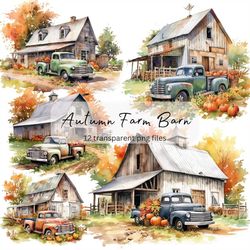 fall farm barns watercolor clipart, transparent png, fantacy clipart, cute house, instant download, scrapbook, junk jour