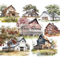 farm barn watercolor clipart bundle, transparent png, farmhouse clipart, landscape, instant download, scrapbook, junk jo