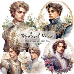 Medieval Prince Watercolor Clipart, transparent PNG, Prince Clipart, Fantasy illustration, Paper craft,Junk Journal Scra