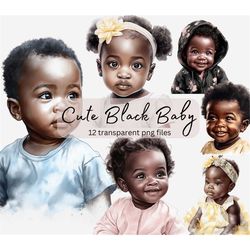 cute black baby watercolor clipart bundle, transparent png, baby portrait,digital download,card making scrapbook junk jo