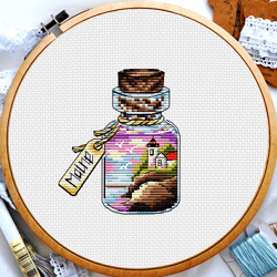 maine state cross stitch, bass harbor head lighthouse in bottle cross stitch, landscape cross stitch patterns, small cross stitch