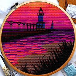 michigan cross stitch, usa cross stitch, landscape cross stitch, lighthouse cross stitch, lake cross stitch, sunset cross stitch,digital pdf