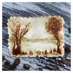 aceo paintings original painting ats map coffee drawing miniature lake landscape